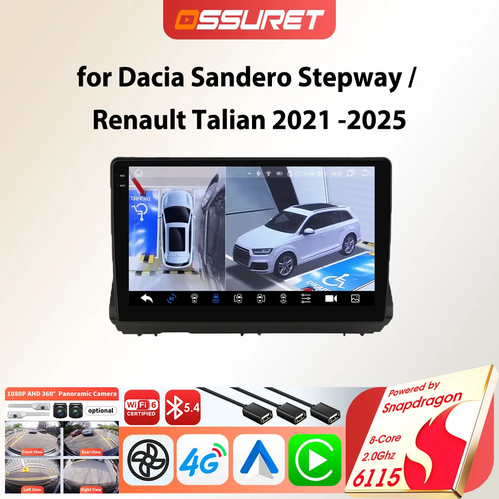 Lecteur autoradio Android pour Dacia Sandero Stepway Renault Talian 2021 -2025 Carplay Auto GPS voiture multimédia par Snapdragon 6115
