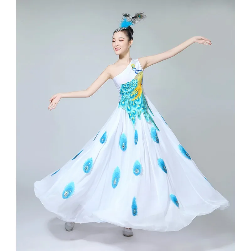 Elegantes Pfauentanz-Performance-Kostüm, klassischer neuer Stil, Yangqigong-Tanzkleidung für Darsteller