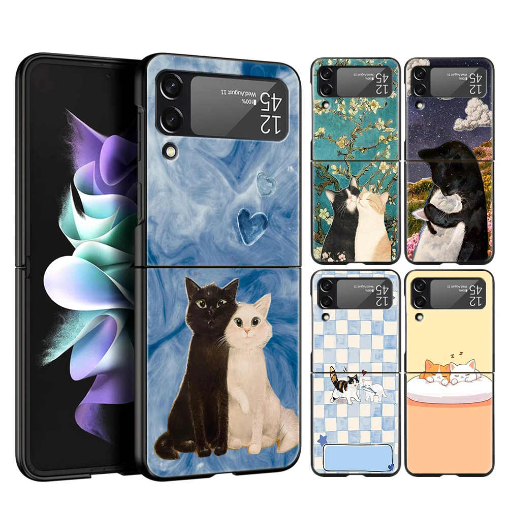 Phone Case for Samsung Galaxy Z Flip 3 4 5 6 7 8 Folding Shell For Samsung Z Flip4 PC Hard Cover Cute Cat Couple