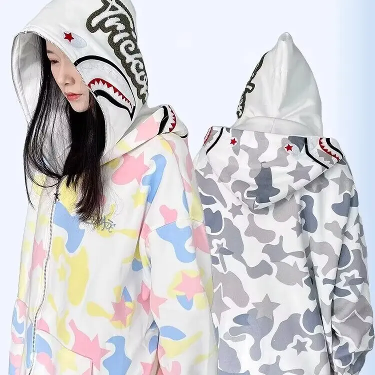 

Couples Hooded Waed Camouflage Print Sweatirt Windproof Casual Zipper Cardigan Warmth Streetwear for Teenagers Cotton Blend