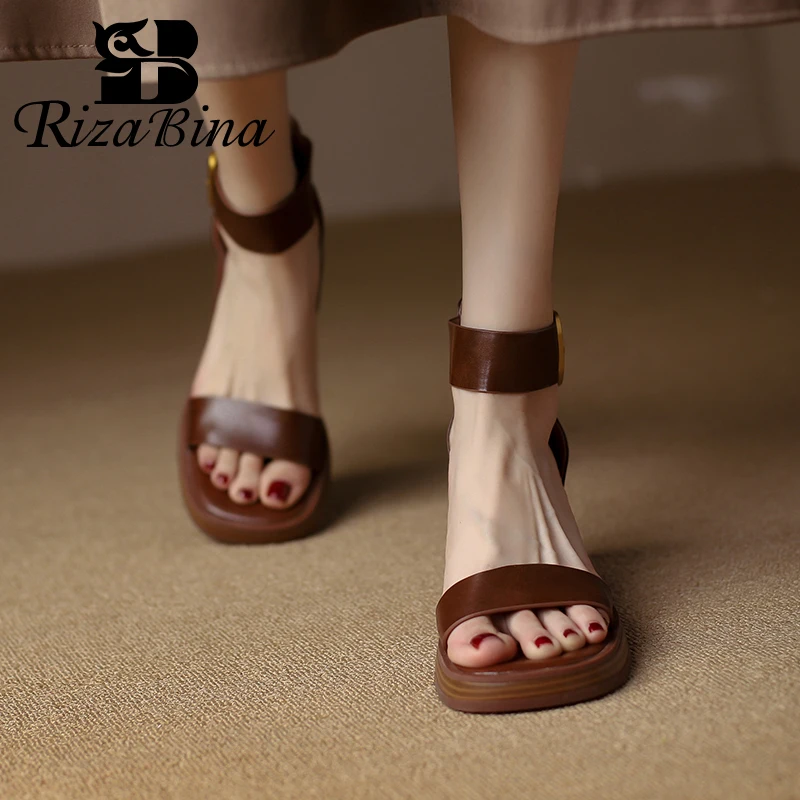 RIZABINA Genuine Cow Leather Sandals Block Mid Heels Women Roma Sandals Open Toe Retro Buckle Sandals Ankle Strap 2023 Trend