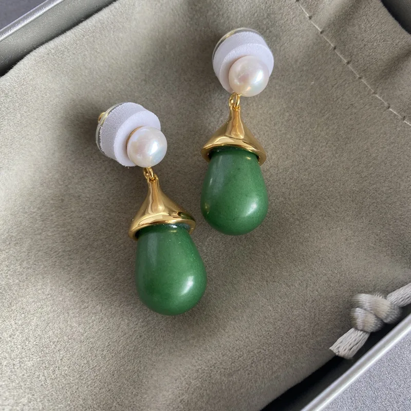 Brass Natural Baroque Pearl Green Agate Earrings Party Gown Brincos Runway Rare Boucle D'oreille French Vintage