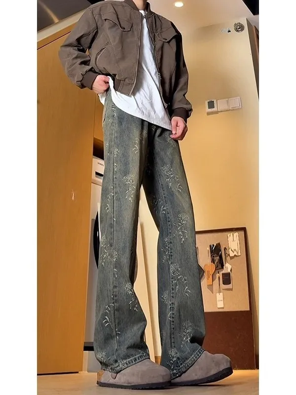 

American Retro Embroidered Men's Jeans Straight Leg Flared Long Trousers Cleanfit Trendy Brand Casual Wear All Seasons