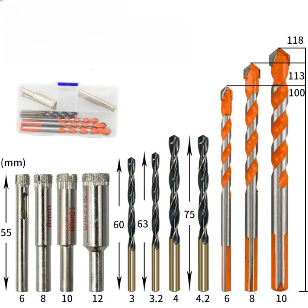 Multi-Surface Drill Bit Kit 11 Pieces for Glass For Tile Concrete Cement Featuring Glass Hole Saws and Twist Drill Bits