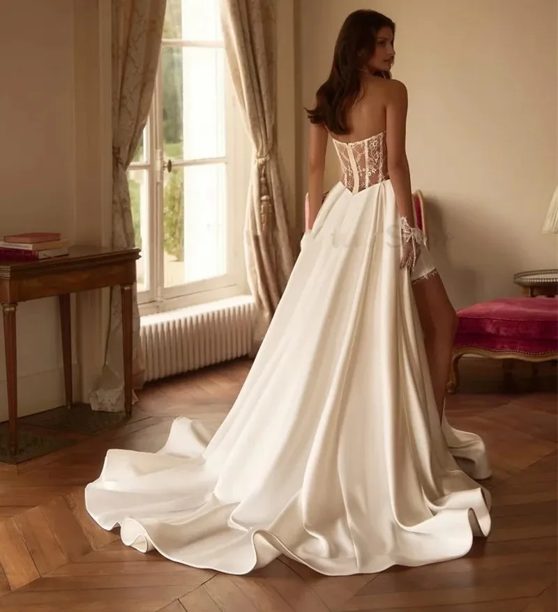 Nuovo abito da sposa principessa 2026 Sweetheart A-line pizzo spacco laterale in raso lungo abiti da sposa da sposa abiti da noiva