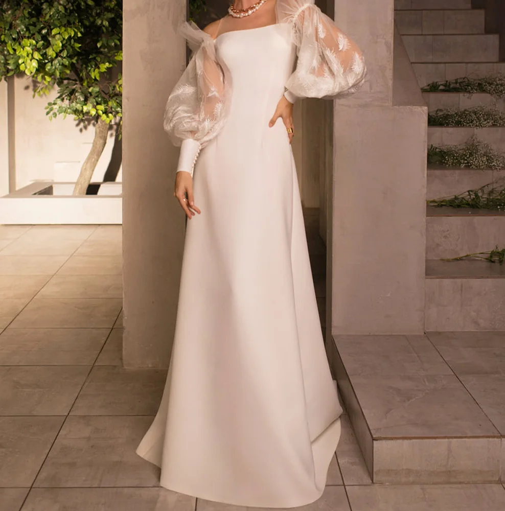 

Exquisite Button Feathers Strapless Vestido De Novia Long Sleeves Jersey Puff Sleeves Zipper Back Sweep Train Wedding Dress 2024