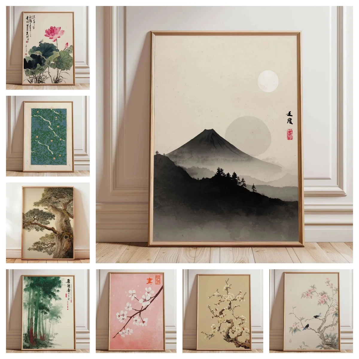 (No frame)Chinese Zen-inspired Natural Botanical Forest Poster Print Frameless Serenity Pine Tree Floral Canvas Art Home Livi