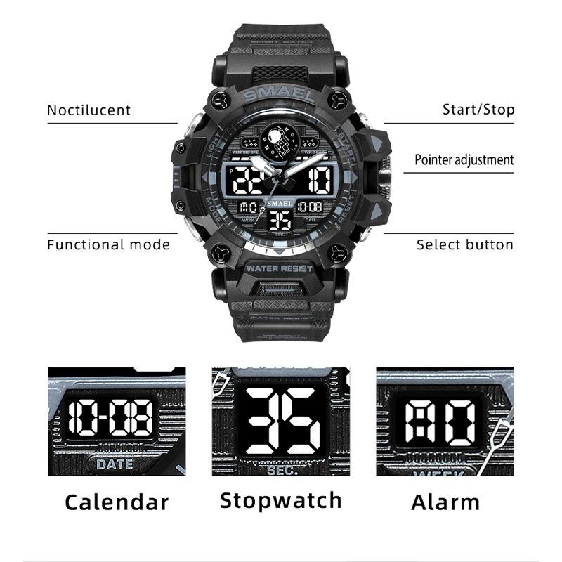 Relojes deportivos SMAEL, reloj masculino, cronómetro estilo militar del ejército, luz LED luminosa, pantalla semanal, relojes negros 8078, reloj de cuarzo para hombre