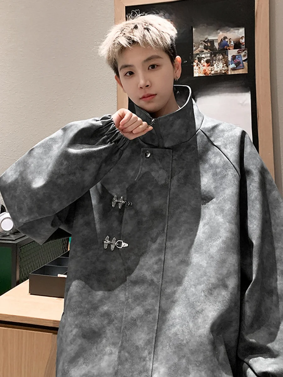 

Metallic Loose Fit PU Leather Jaet for Men Autumn New Sle Cool And Haome American Retro Zipper Closure Youth Faion