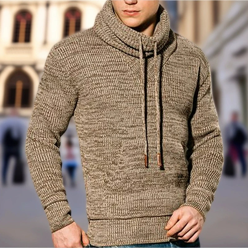 

Men's autumn and winter elegant and fashionable drawstring pile neck knitted sweater casual pullover sweater jacket