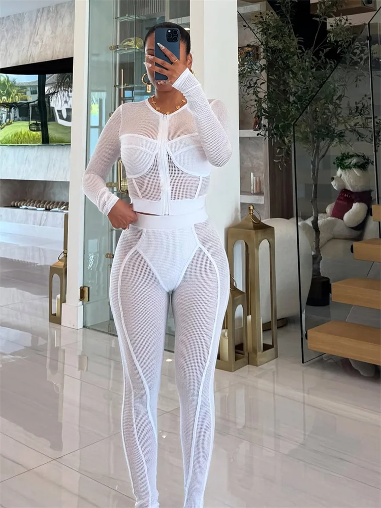 

Nibber Patchwork Mesh 2-Piece Set Women See Through Zip o-Neck Long Sleeve Crop Tops+Pants Sexy Stretch Matching Autumn Suits