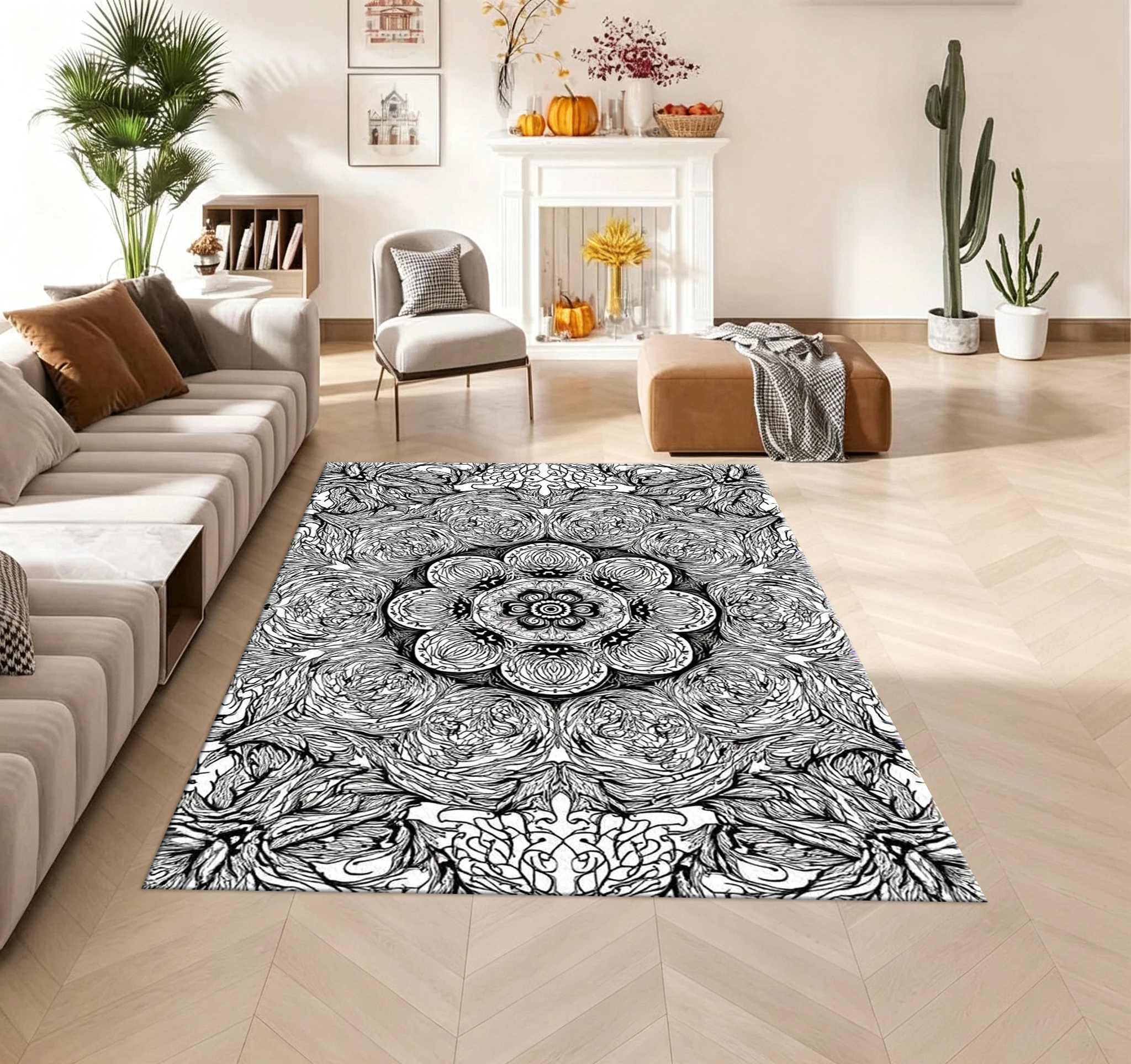 Printed Rug Abstract - Tappeto Mandala Bianco e Nero con