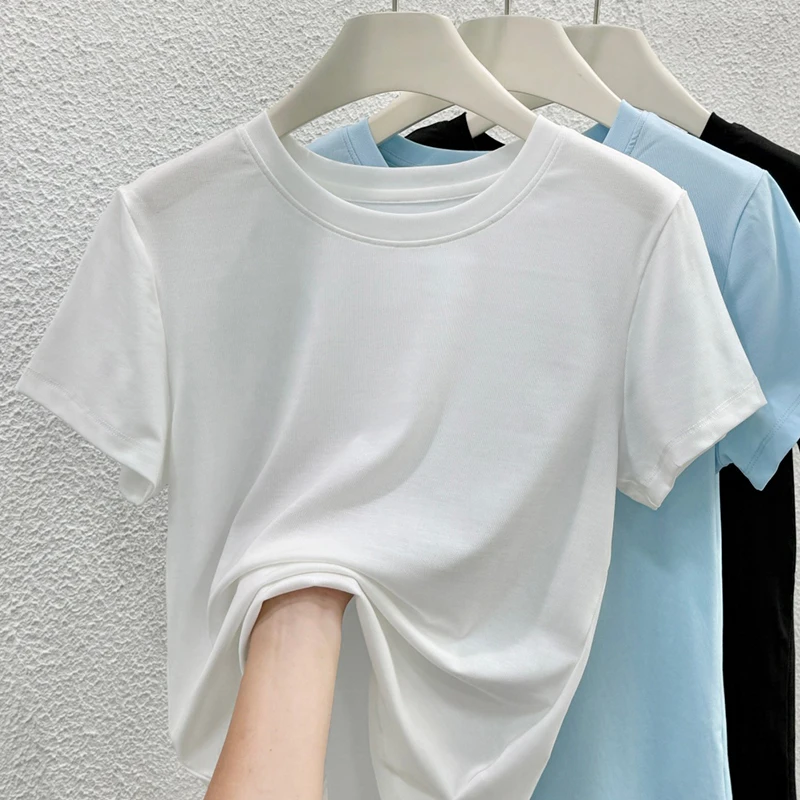

Premium Refreshing Multi-Color Crew Neck Short Sleeve T-Shirt, Summer Drape Wrinkle-Resistant Stretchy Slim Fit Daily Top