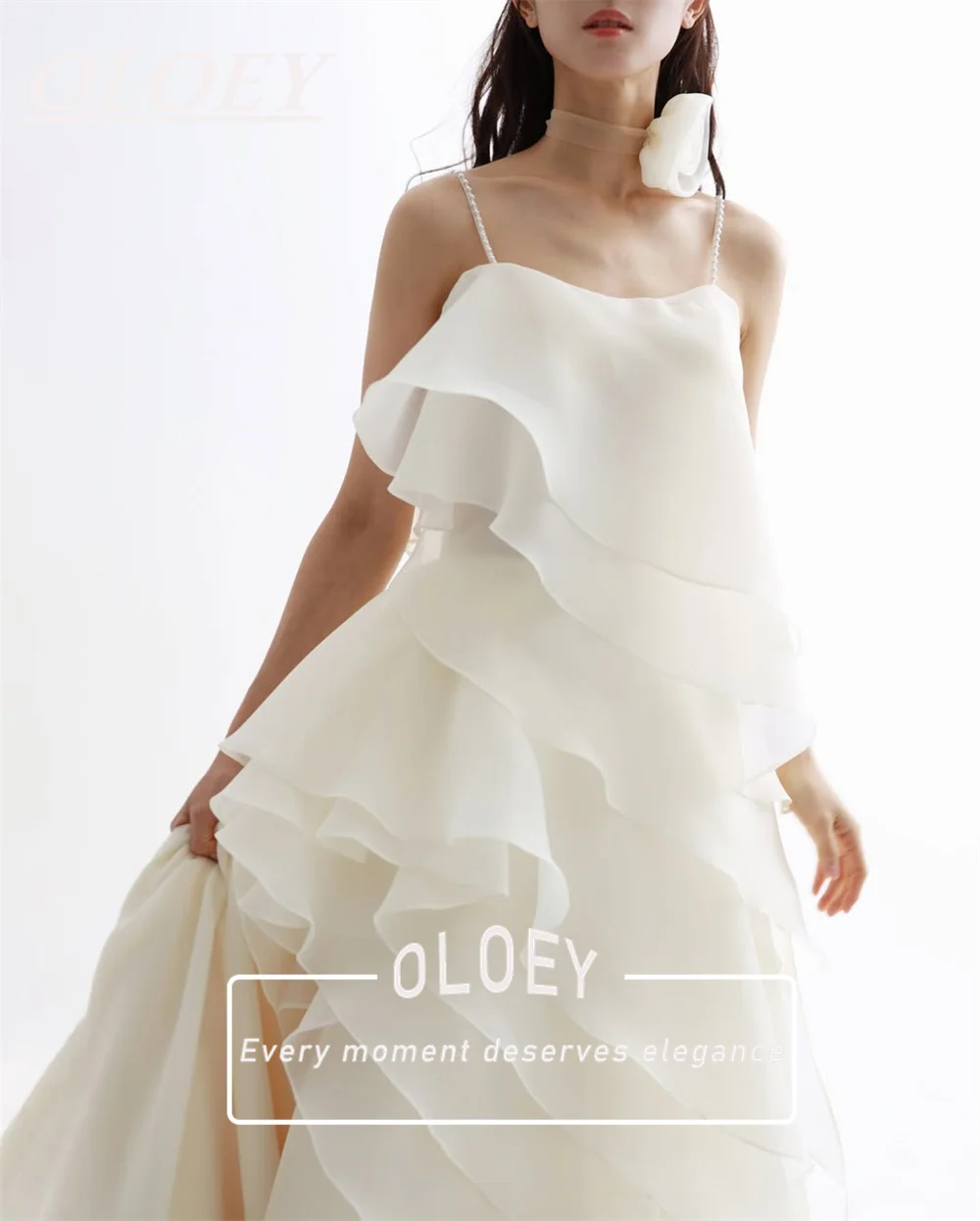 OLOEY Elegant Muti-layer Organza Wedding Dresses Korea Photoshoot Pearl Spaghetti Straps with Necklace Bridal Gown Customized