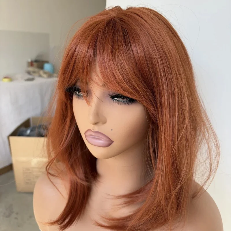 

Soft Human Hair Heat Resistant Straight Dress Up Wigs With Bangs Copper Red