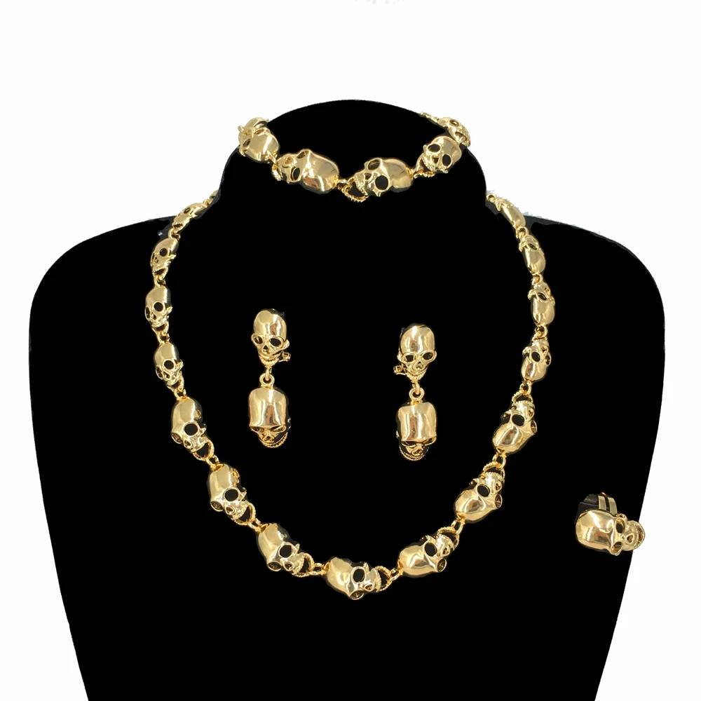 Fashion Halloween Gothic Style Drop Earrings Skull Necklace Set Dubai Gold-plated Jewelry For Women Men FHK16047