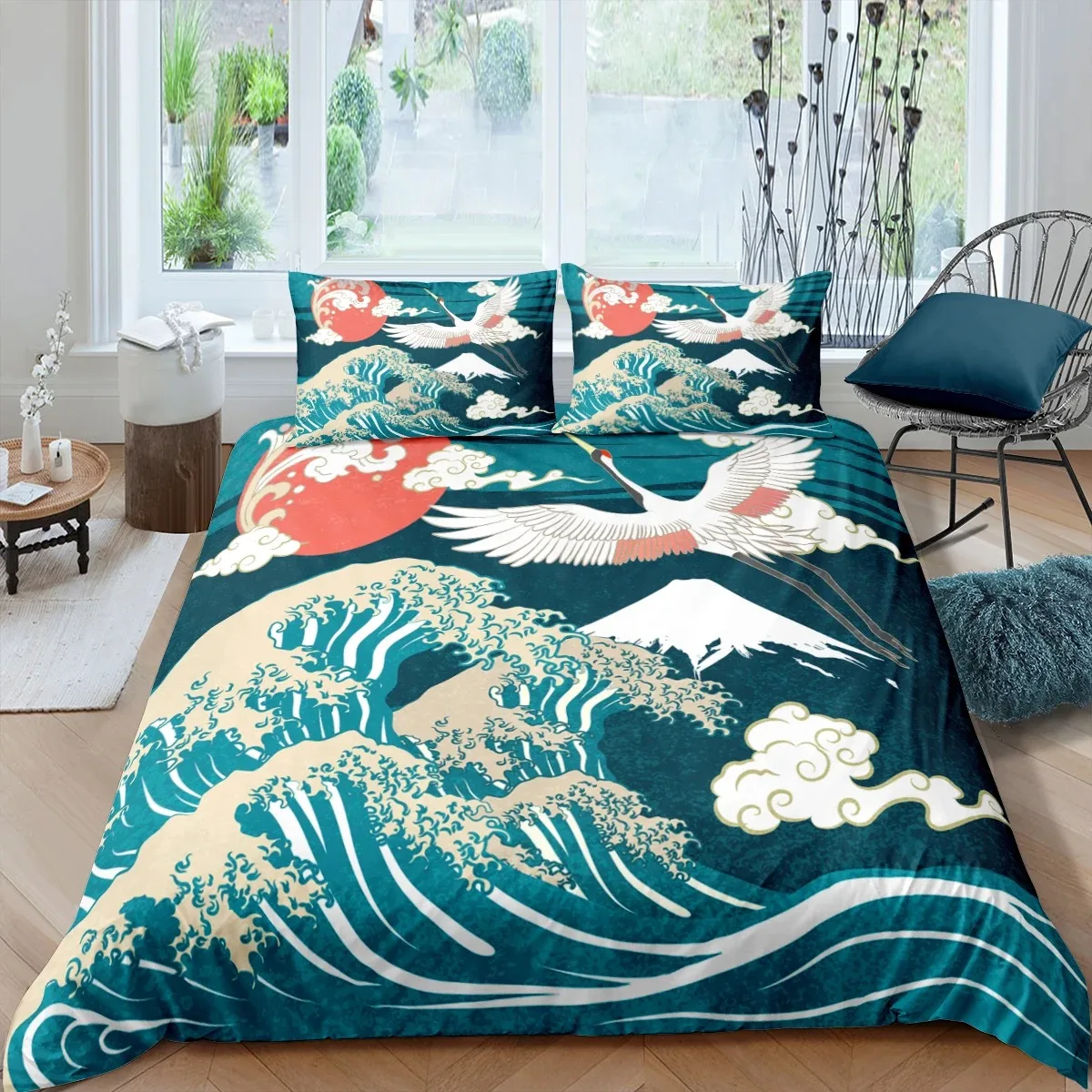 Japanese Crane Duvet Cover King Queen Size Wave Flower Ukiyo-e Style Bedding Set Eastern Culture 23pcs Polyester Quilt Cover