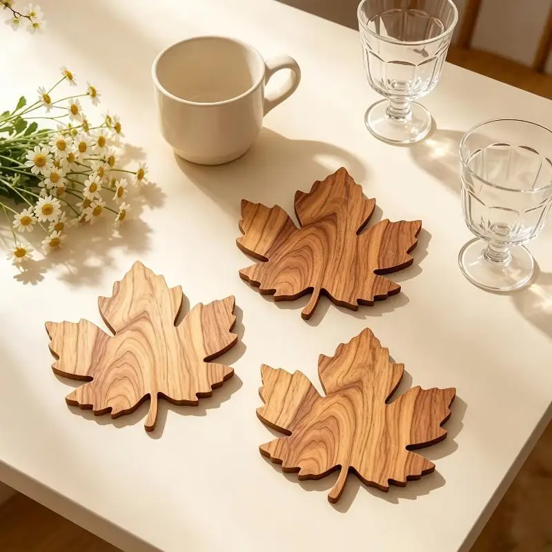 【MA】2/4Pcs Leaf Illustrated Wooden Insulation Pad,Kitchen And Dining Room Decoration,all Season, Halloween,Christmas Gifts