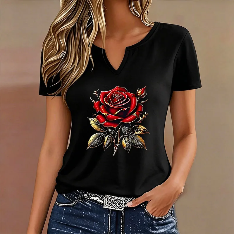 Image of Vintage Blumen-T-Shirt mit V-Ausschnitt, Lässige Mode Y2k Bedruckte T-Shirts für Damen, Kurzarm-Oberteil mit V-Ausschnitt für Sommer und Frühling