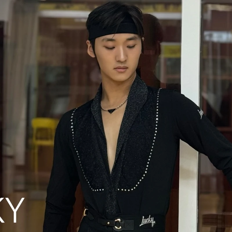 

2025 Latin Dance Tops For Men V-Neck Glitter With Diamond Black Shirts Chacha Rumba Tango Adult Male Latin Dance Wear DQS21496