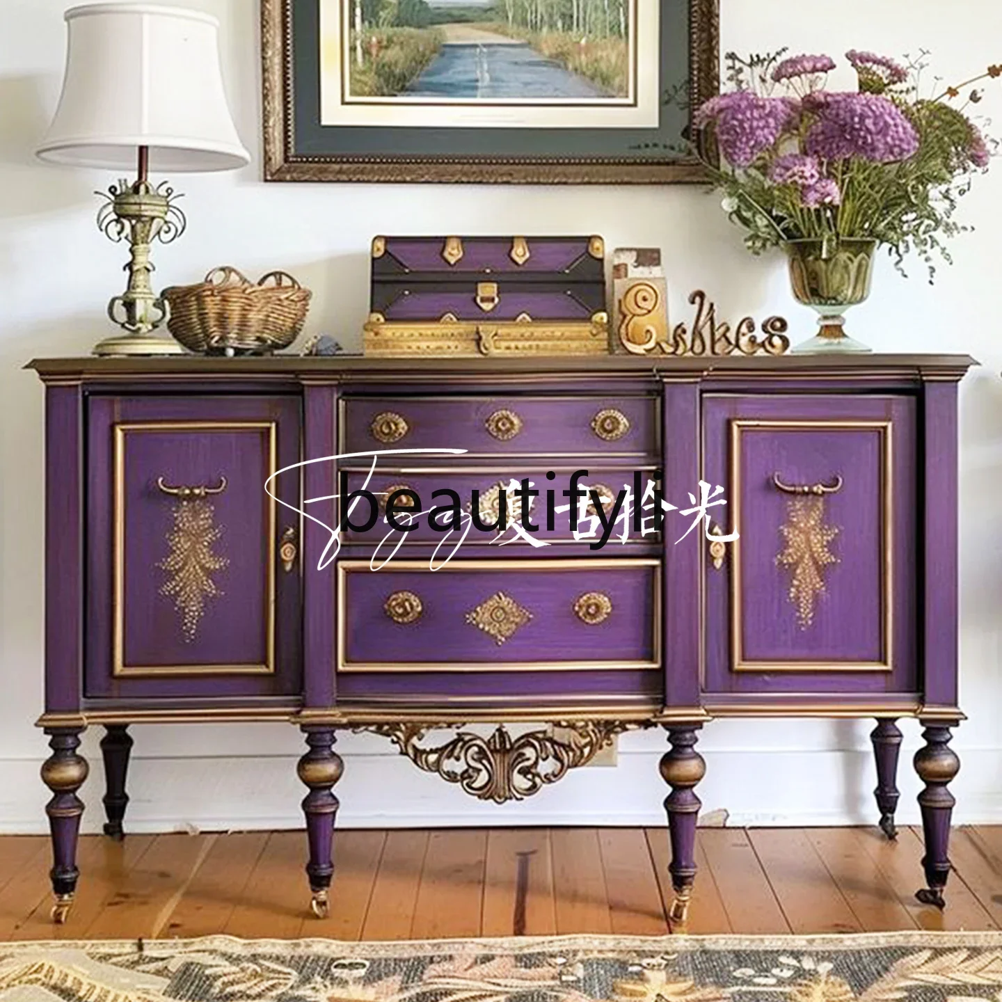

D80 Vintage French retro solid wood carving flower porch purple decoration living room storage cabinet