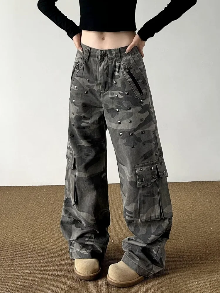 2026 Gothic Y2K Style Washed Camouflage Rivet Design Baggy Women's Cargo Jeans Pants For Woman Clothing Streetwear Long Trousers