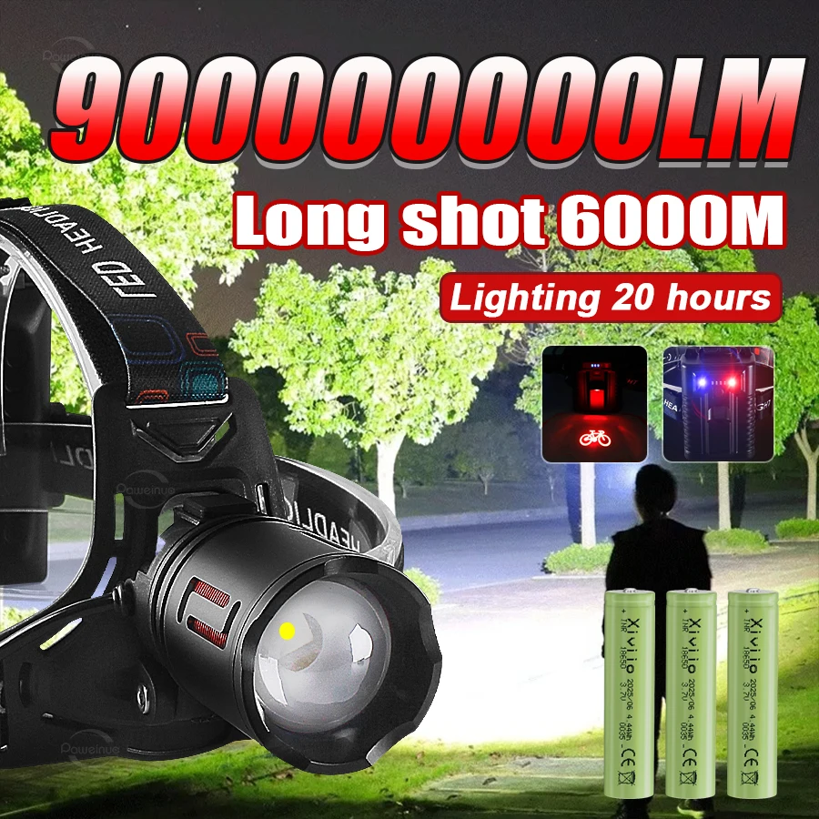 900000000LM Ultra Bright LED Headlamp USB Rechargeable Head Torch With Warning Light Powerful Headlight 18650 For Camping Work