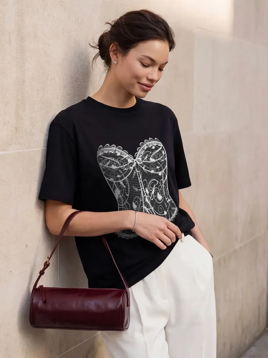 100% Cotton Short Sleeved T-shirt Summer Versatile Comfortable T-shirt Subtle Sweet Spicy Pure Desire Printed Top for Women