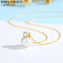 Moissanite Real 18K Yellow Gold Necklace Pendant Natural Freshwater Pearl Pure AU750 Fine Jewelry for Women Birthday Gift