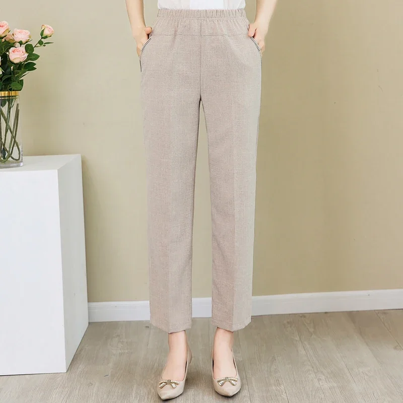 

Cotton Linen Pants Women High Waist 2023 Summer Trousers for Women Bottoms Vintage Elegant Middle-aged Women's Classic Pants