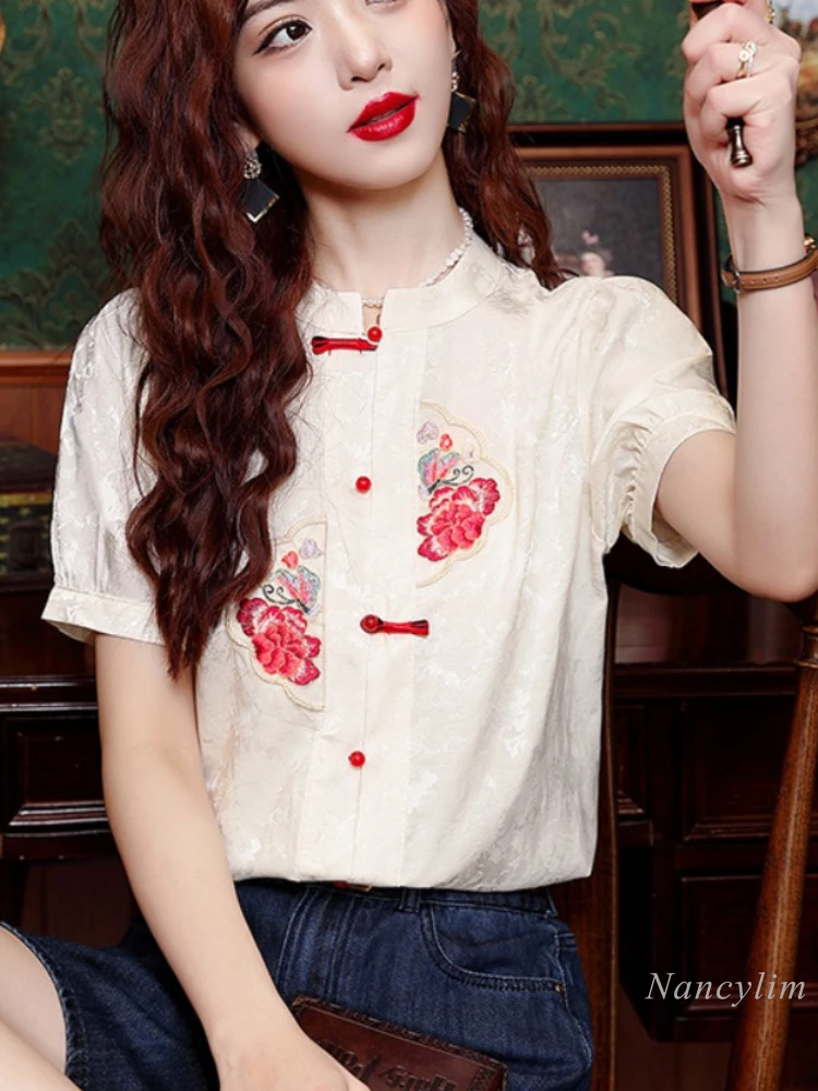 

New Chinese Style Embroidered Chinese Knot Button Short-Sleeved Shirt Blouse Women's Summer Top 2024 New Lady Temperament Blusas