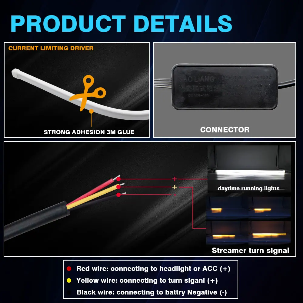 2pcs Flexible sequential Flowing Tube Strip Car DRL Turn Signal Angel Eye White Amber LED Daytime Running Lamp Headlight 30cm