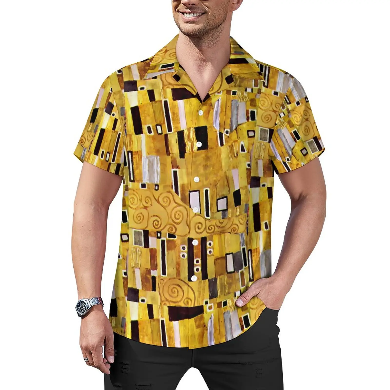 

Gustav Klimt Art Blouses Men The Kiss Pattern Casual Shirts Hawaiian Short Sleeve Graphic Y2K Oversized Beach Shirt Gift Idea