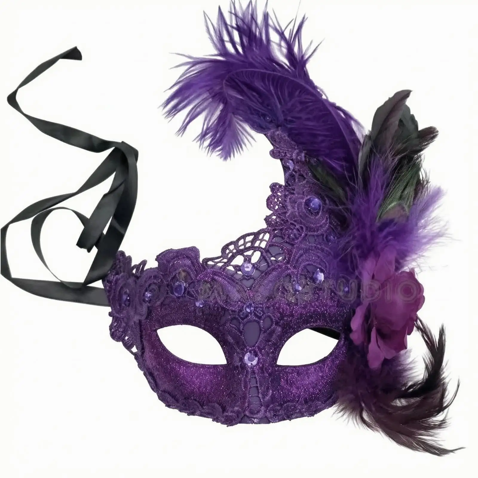 Women Masquerade Face Cover with Lace Feathers Rhinestone Eye Mask for Halloween Party Carnival Ball Costume