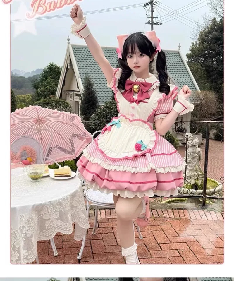 NONSAR น่ารักทุกวัน Lolita ชุดเจ้าหญิงชุดผู้หญิงหวานสีชมพู Berry Bell Bow สั้นพัฟแขน Bubble Bud ชุดมินิผ้ากันเปื้อน
