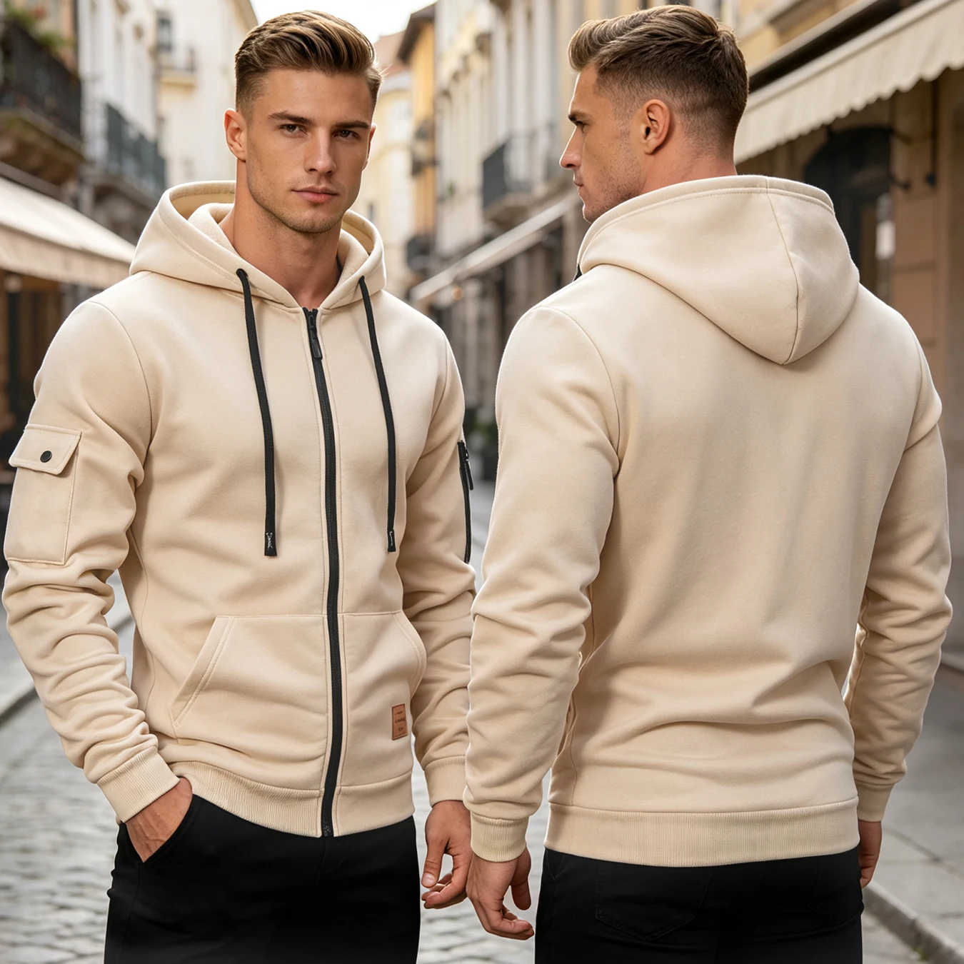 Autumn Men Zip Hooded Jacket Arm Cargo Pocket Drawstring Hood Sweatshirt Rib Hem Casual Long Sleeve Outerwear