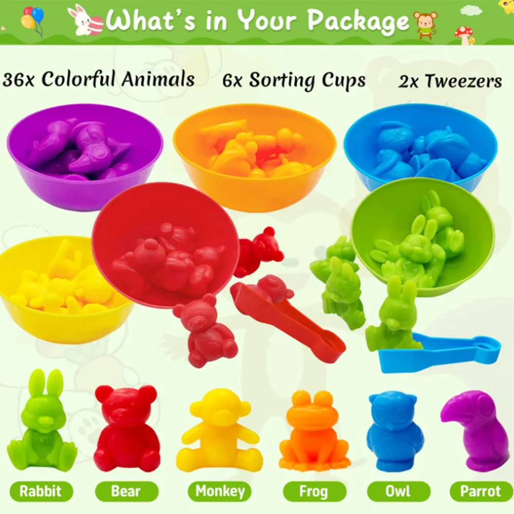36PCS Colorful Animal Toy Set for Toddlers - Early Learning Educational Toys with Bowls & Tongs, Safe Plastic