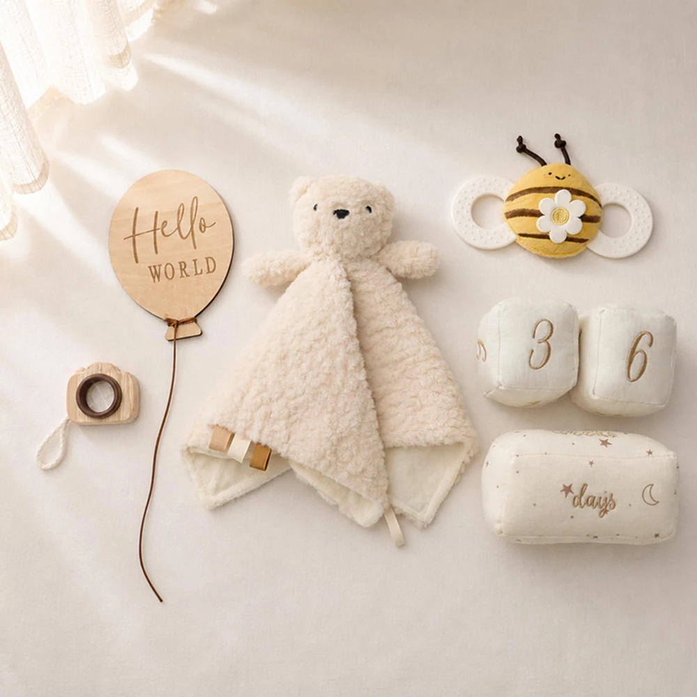 Baby Newborn Gift Set Montessori Toys Bear Plush Bee Rattle Teether Wood Camera Hello World Days Numbers 0-12M Sensory Set