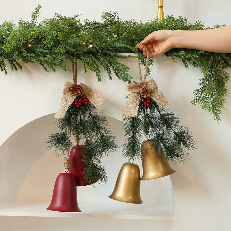 Christmas Bells Rustic Christmas Bell with Hanging Rope and Pine Cone, Farmhouse Tree Decor, Xmas Tree Ornaments Jingle Bells
