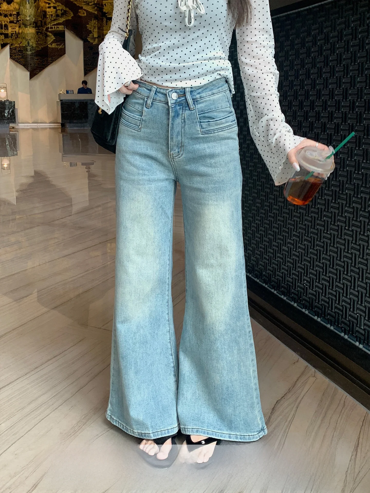 

High Waist Flared Jeans Women's Light Blue Non-Fitting Wide Leg Long Pants Spring Summer Casual Cotton Retro Style