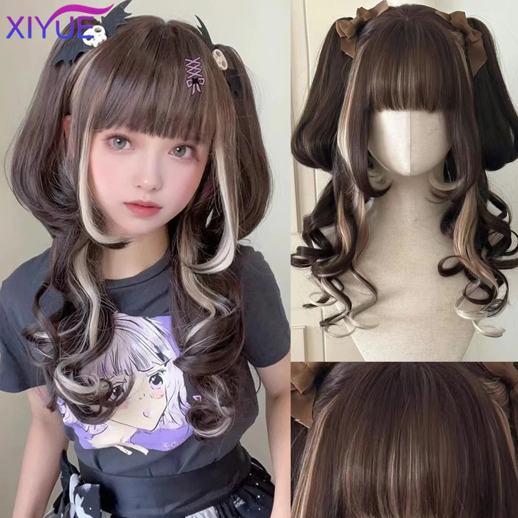 XIYUE 여성용 다크 브라운 핑크 로리타 가발, 긴 웨이브 합성 머리, 앞머리 포함 코스프레 가발, 할로윈 크리스마스 내열성