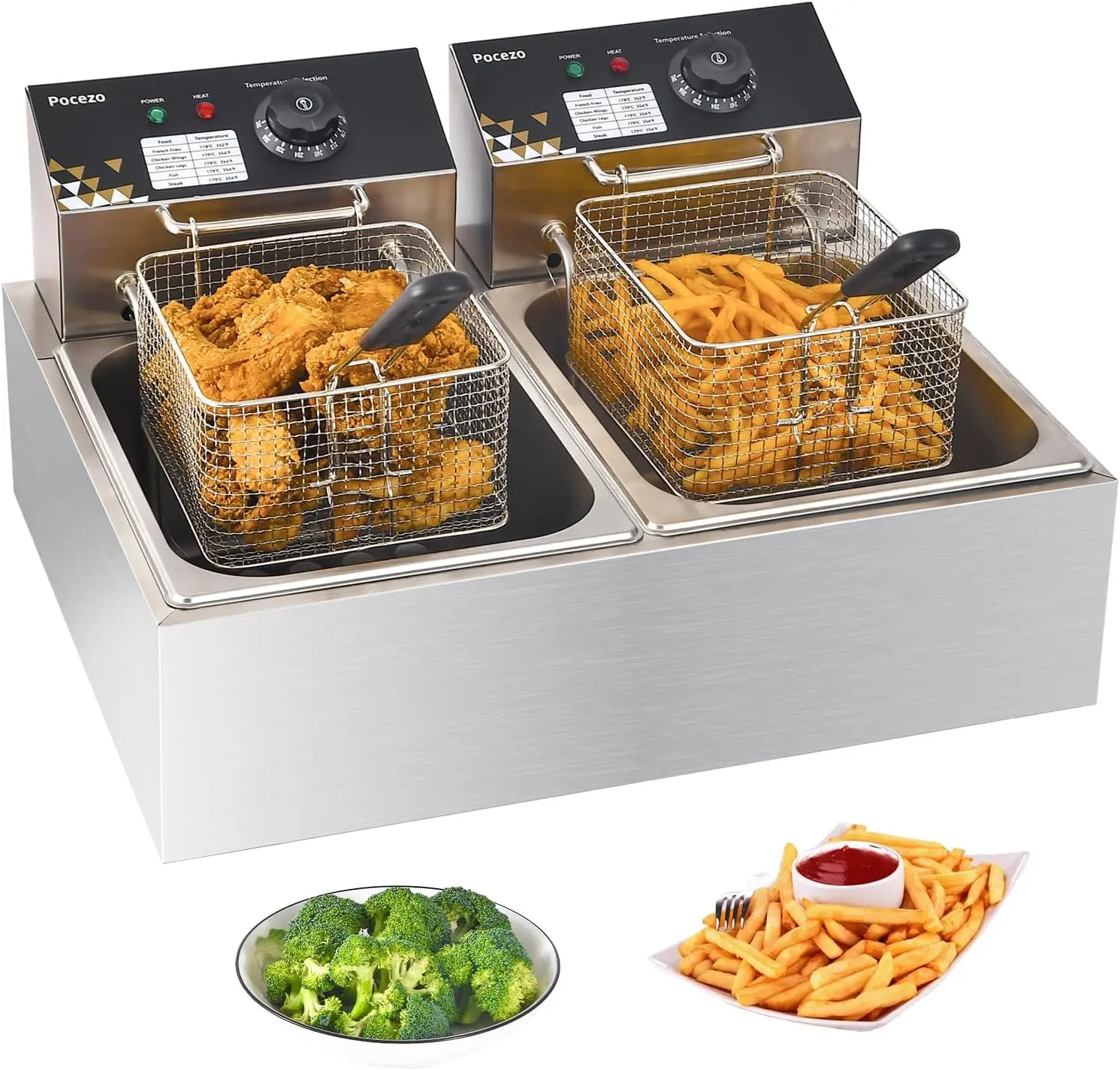 

Commercial Deep Fryer 17.2L Dual Tank Stainless Steel with Basket, 3400W for Home and Restaurant Use