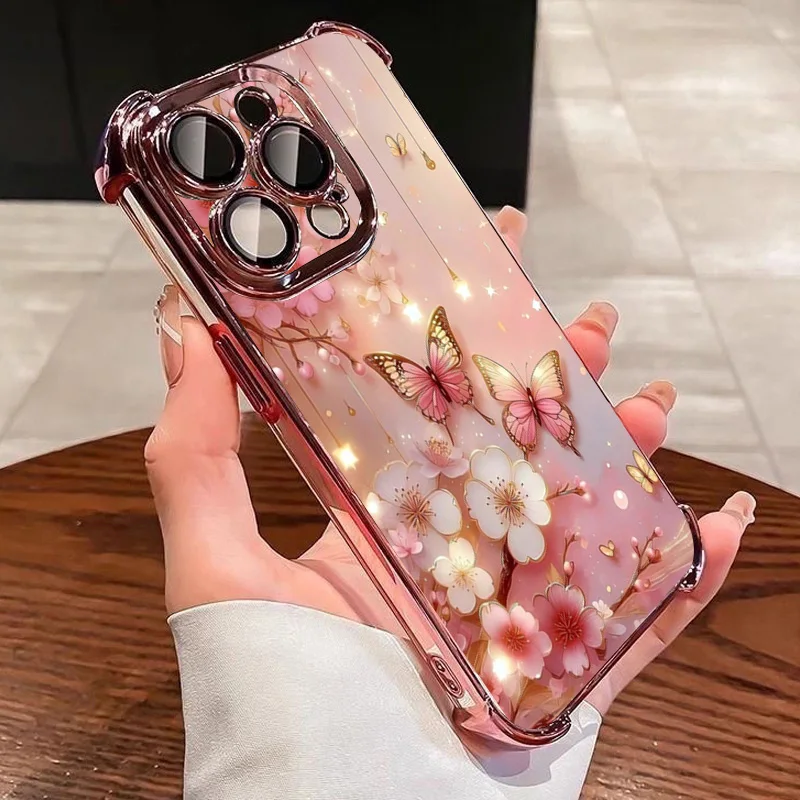 Flower Butterfly Clear Plating Phone Case For iPhone 17 16 15 14 Plus 13 12 11 Pro Max Air Soft Anti-Fall Airabag Back Cover