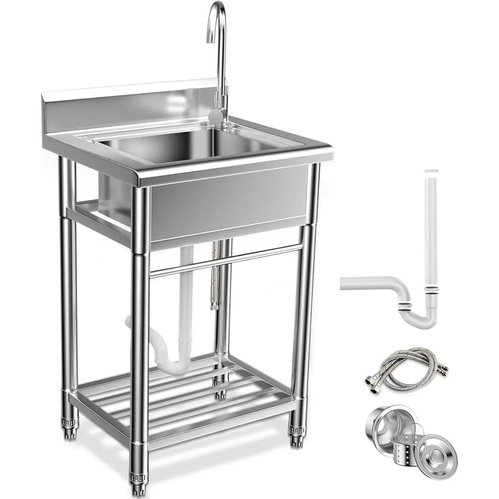 

Stainless Steel Utility Sink - Single Bowl Free Standing Kitchen Sink NSF Certificated with Cold and Hot Water for Farmhouse, Ba