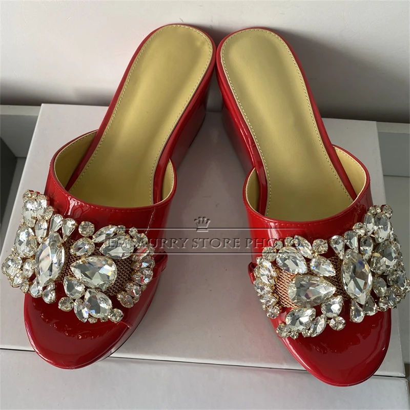 Luxury Rhinestone Diamond Buckle Decor Mules Quality Patent Leather Slingbacks High Platform Wedges Summer Sandals Women