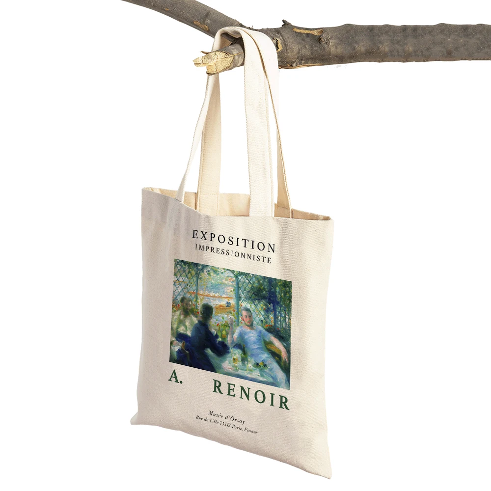 Cartoon Impressionist Auguste Renoir Figurative Handbag Foldable Cloth Shopper Bag Harajuku Style Canvas Tote Lady Shopping Bags