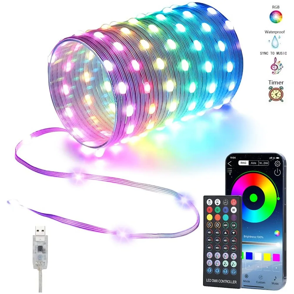 20メートル-rgb-led-クリスマスフェアリーライト、スマートbluetooth対応、usb接続、防水仕様。結婚式や新年のお祝いの装飾に最適。