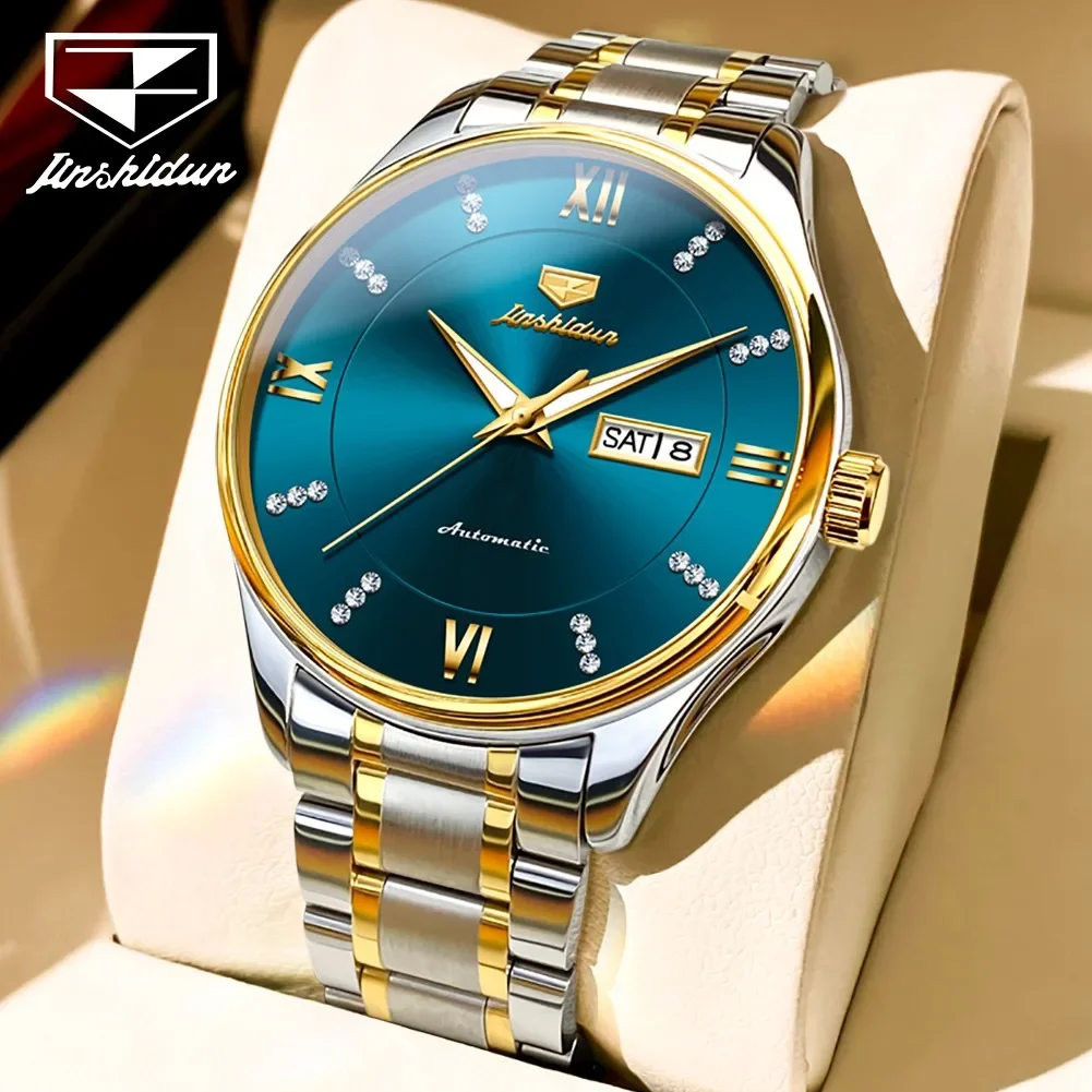 JSDUN 8933 Stainless Steel Strap Waterproof Men Wristwatches Fashion Automatic Mechanical Watch For Men Calendar Week Display