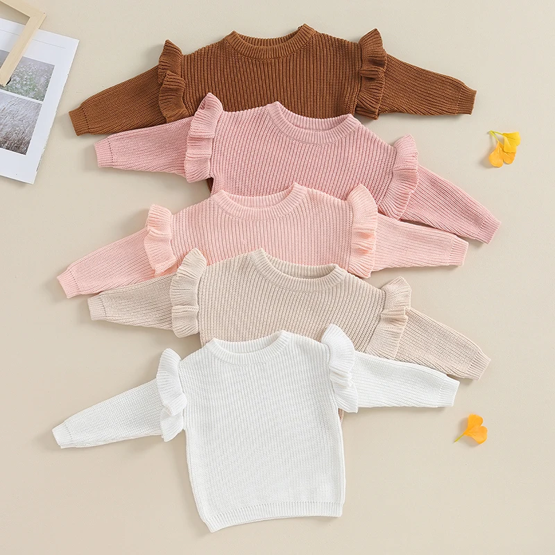 Autumn Winter Newborn Baby Girls Warm Sweaters Cute Ruffle Long Sleeve Solid Color Knit Pullover Toddler Loose Tops