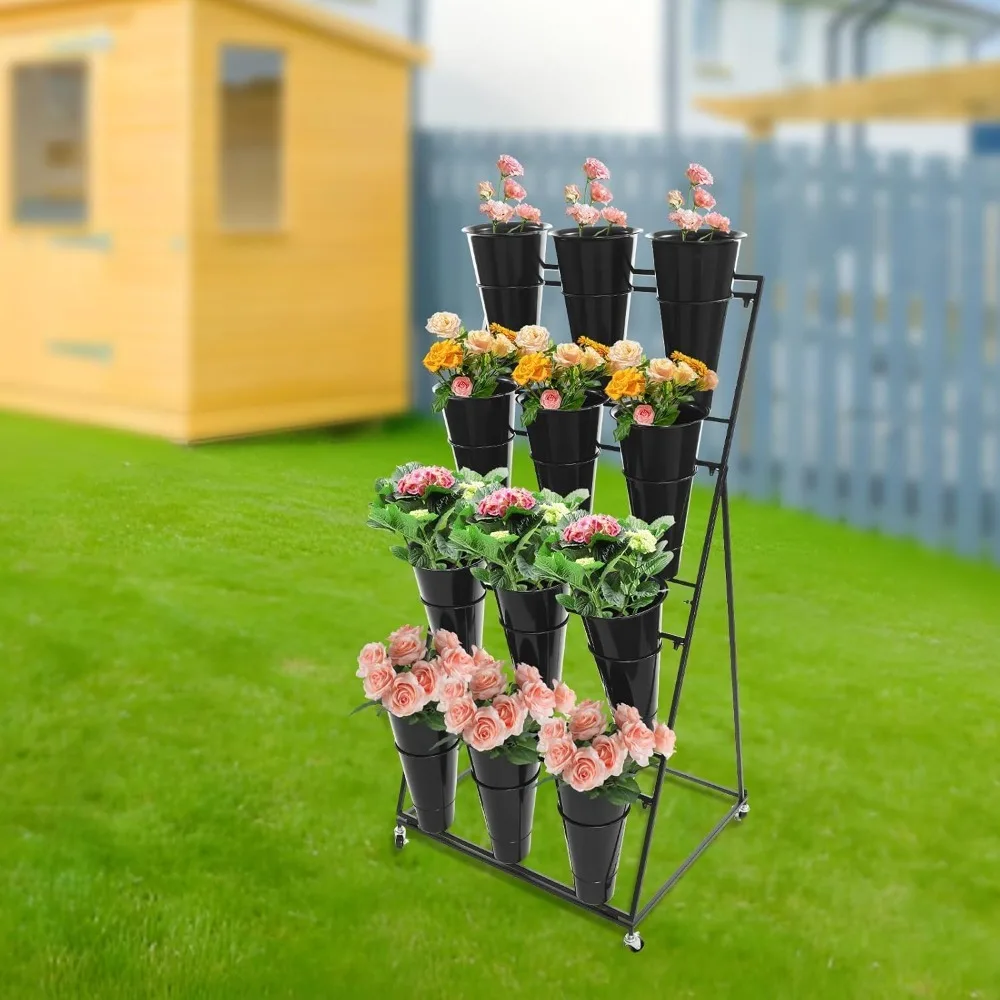 Flower Display Stand Cart With 12 Buckets Commercial Metal Plant Rack with Wheels 4 Tiers Shelf Bouquet Holder for Florist Shop